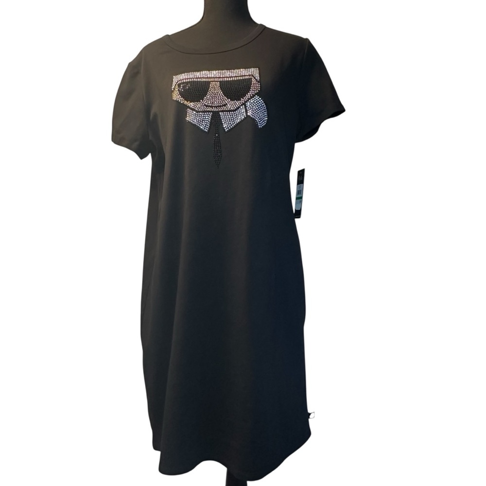 NWT Karl Lagerfeld Paris Short Sleeve T-Shirt Dress – Rhinestone Logo – L